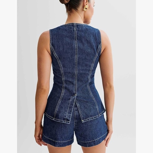 Women Blazer Vest 2 Piece Denim Set - Picture 3 of 6